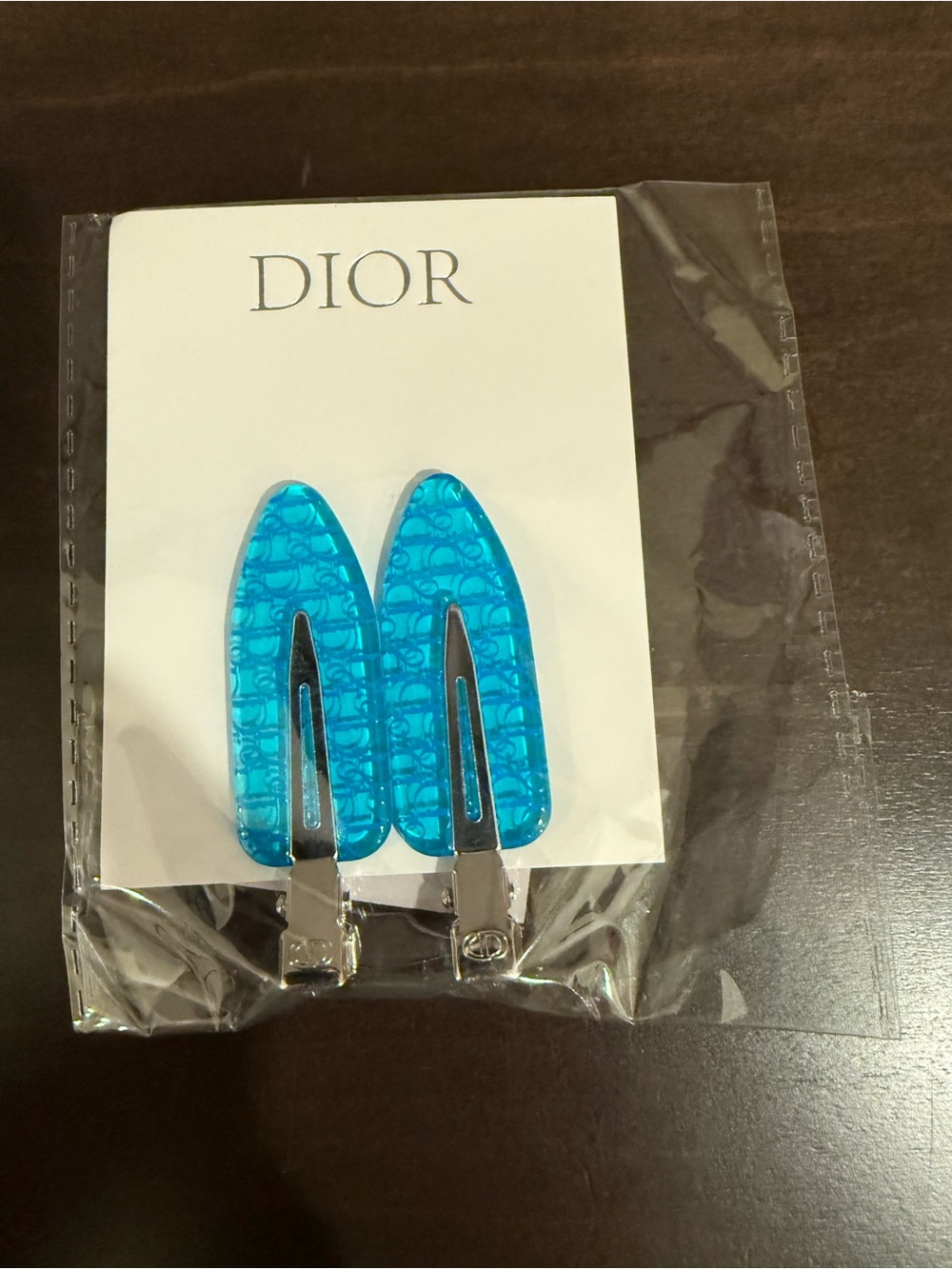 Dior Turquoise Blue Resin Logo Hair Clips β Pair